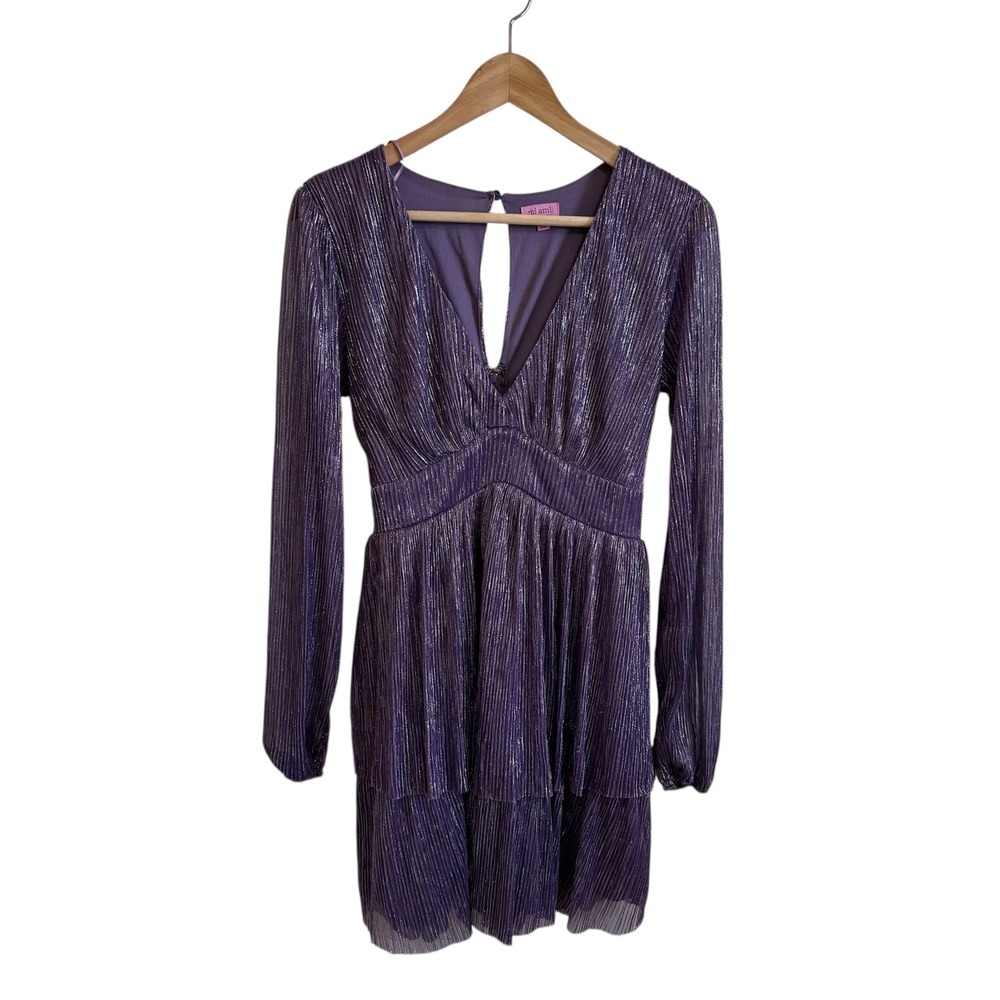 Mi Ami Francesca's Purple Metallic‎ Dress Long Sleeve Tiered Party Cocktail